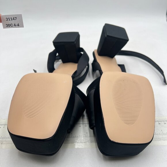 Pazzion Black Satin Platform Square Toe Pleated Ruffle Sandal Block Heel Shoes - Picture 7 of 8